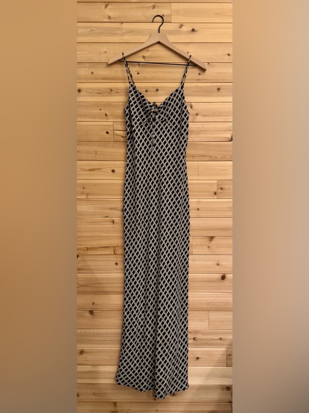 VNTG Jessica McClintock Medium Lattice Windowpane Pattern Maxi Tie Bodice Dress